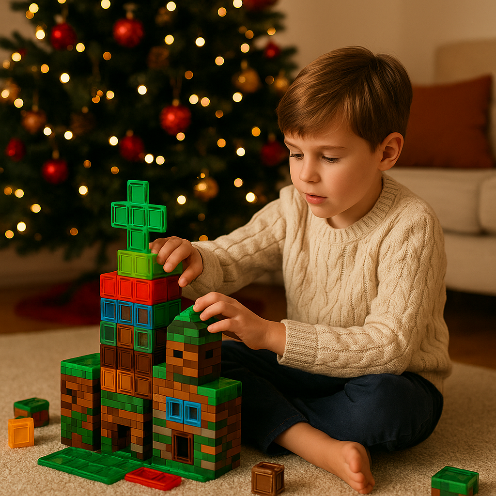 Starsze dziecko buduje rozbudowaną konstrukcję z klocków magnetycznych