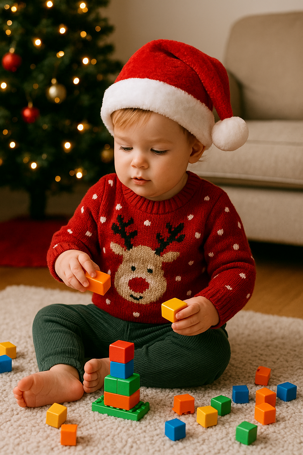 Małe dziecko bawi się klockami na dywanie