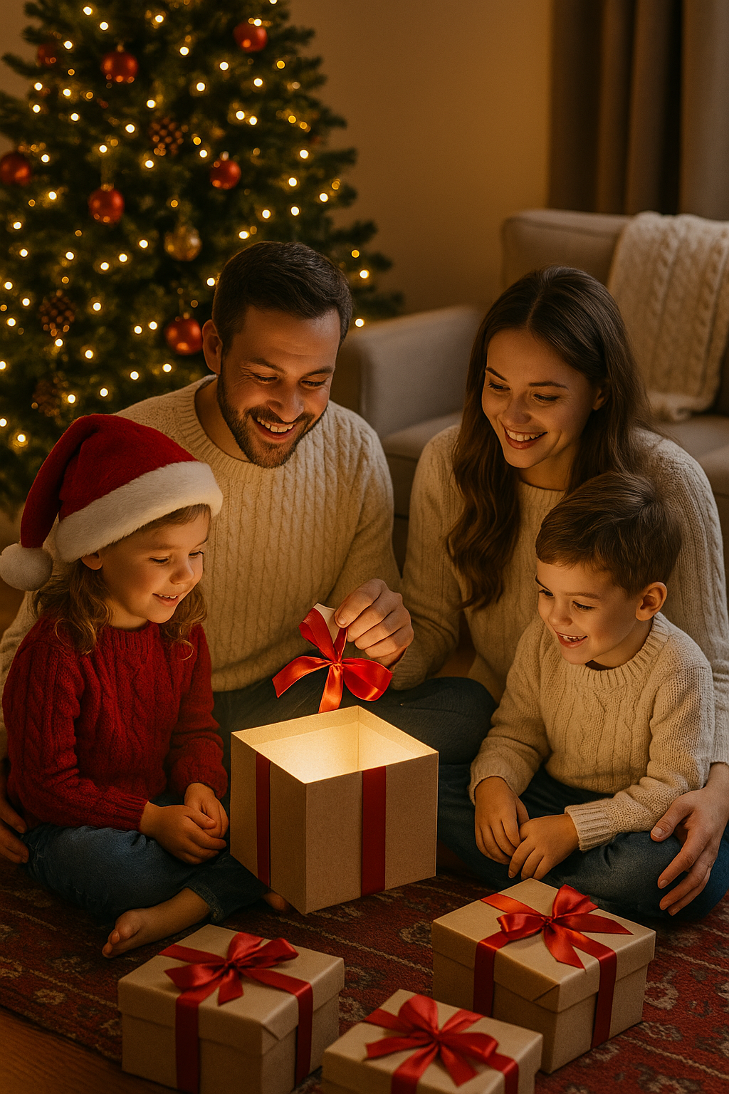 Rodzina przy choince rozpakowuje świąteczne prezenty