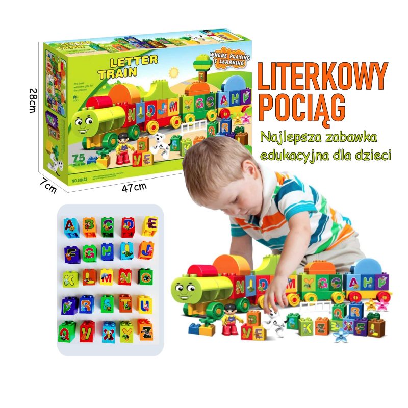 Klocki literkowy pociąg 75 el – edukacyjna zabawka do nauki alfabetu | OUTLET